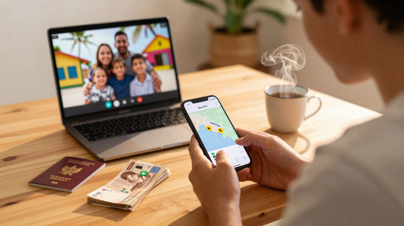 Pessoa a usar smartphone com mapa aberto, laptop com videchamada de família e dinheiro em cima da mesa.