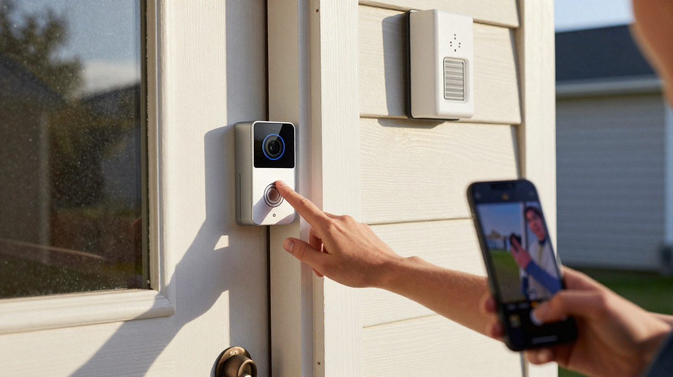 Pessoa a pressionar campainha de vídeo numa porta branca enquanto segura smartphone com imagem de videochamada.