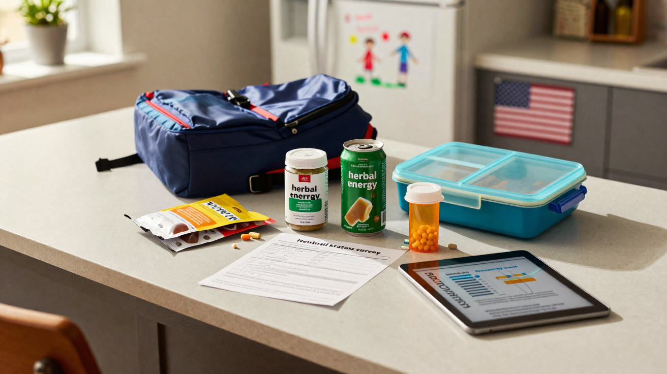 Mochila, medicamentos, lata de bebida, lancheira, papel e tablet numa mesa de cozinha.