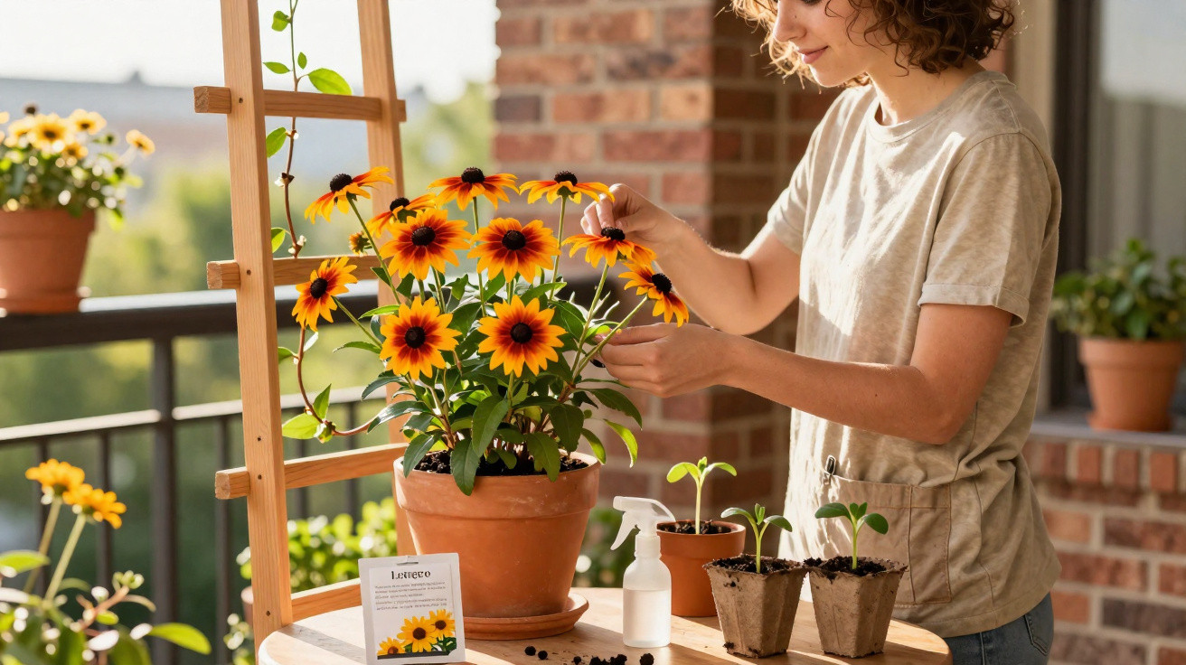 Mulher a cuidar de flores amarelas em vaso num terraço ensolarado com ferramentas de jardinagem.