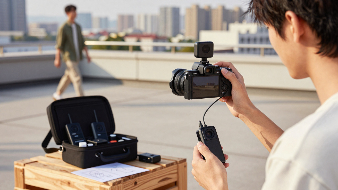 Pessoa a operar uma câmara digital com acessórios e equipamento de gravação numa mesa em ambiente urbano.