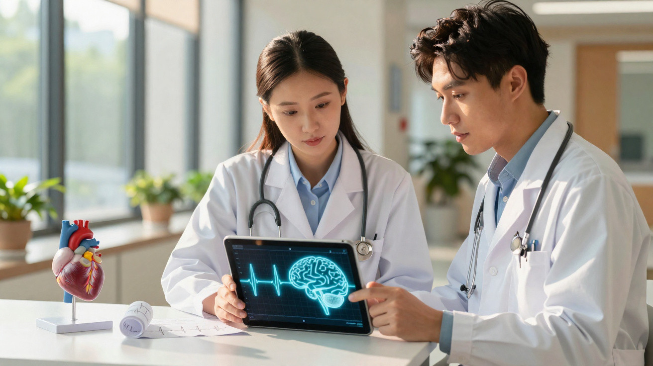 Dois médicos em discussão, analisando imagem digital de cérebro e batimento cardíaco num tablet.