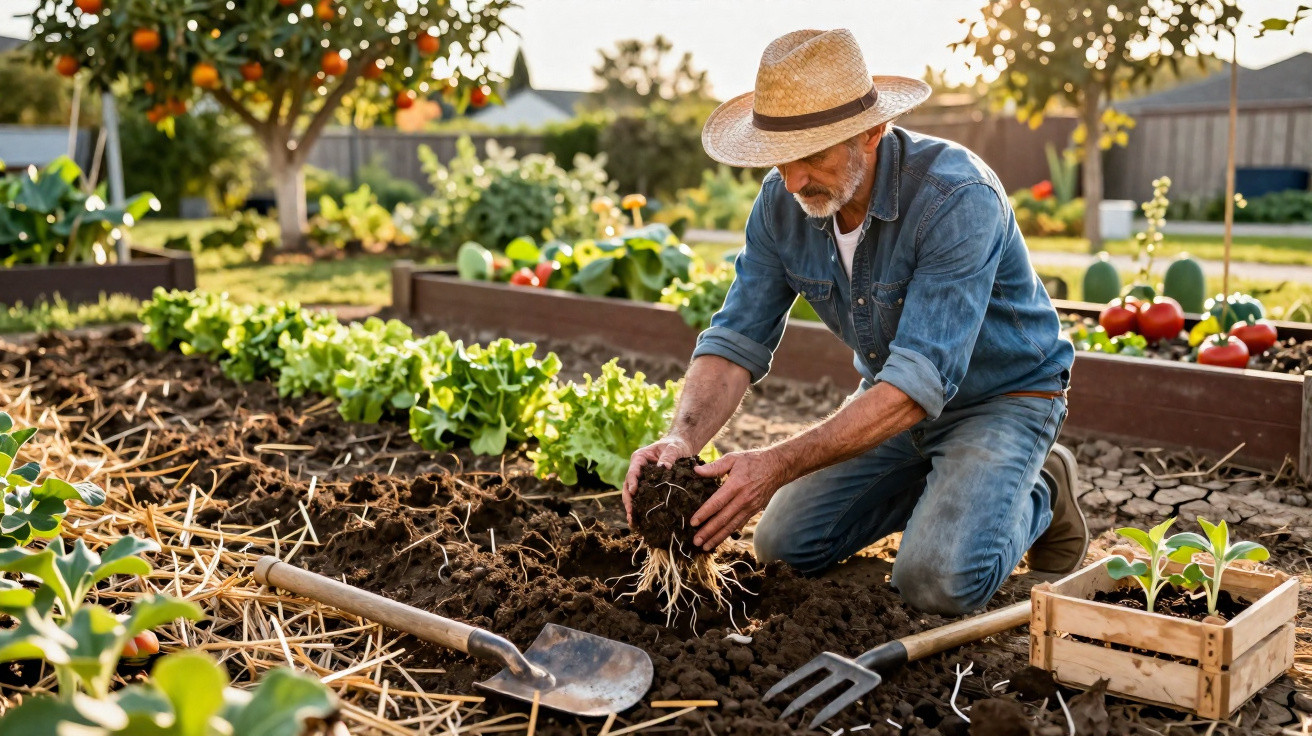 Homem com chapéu a plantar alfaces num jardim com ferramentas e outras plantas ao redor.