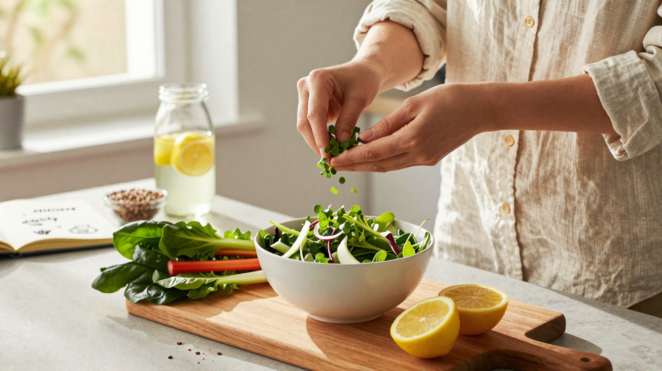 Pessoa a temperar salada verde com microvegetais numa cozinha luminosa, com limão cortado à frente.