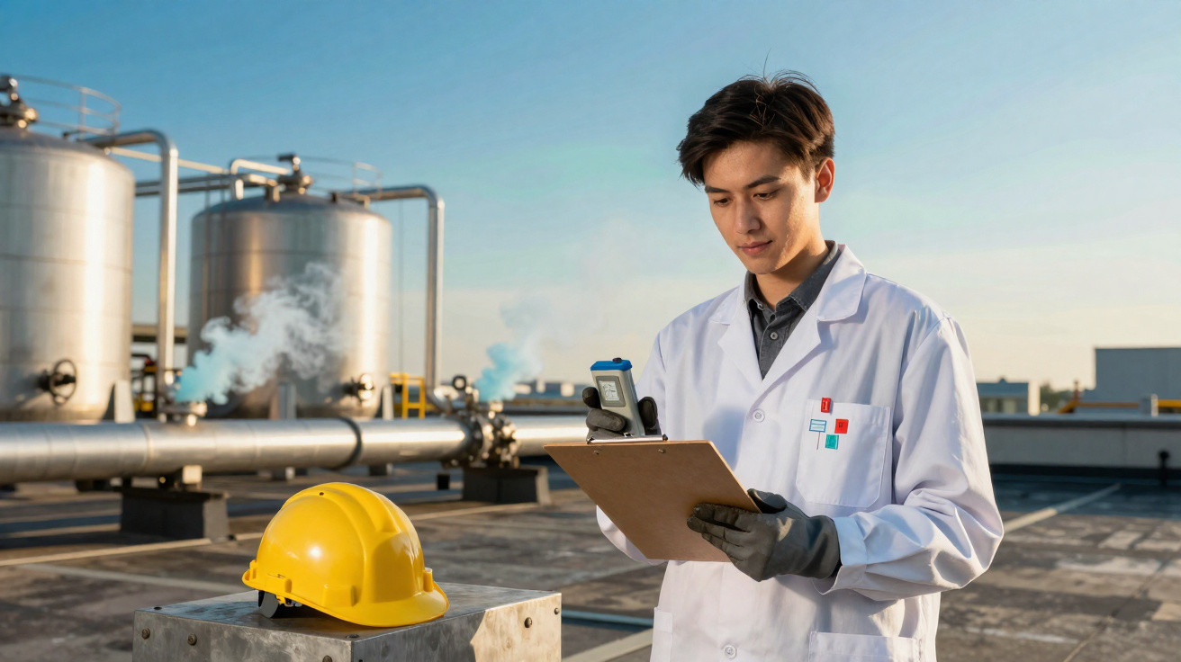 Técnico industrial com bata branca e luvas verifica dados num medidor num ambiente de fábrica ao ar livre.