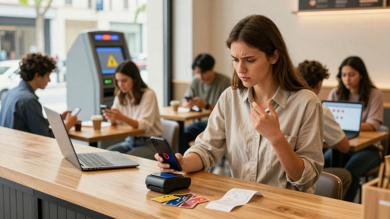 Jovem mulher preocupada usa telemóvel para pagamento contactless numa cafetaria com outras pessoas ao fundo.