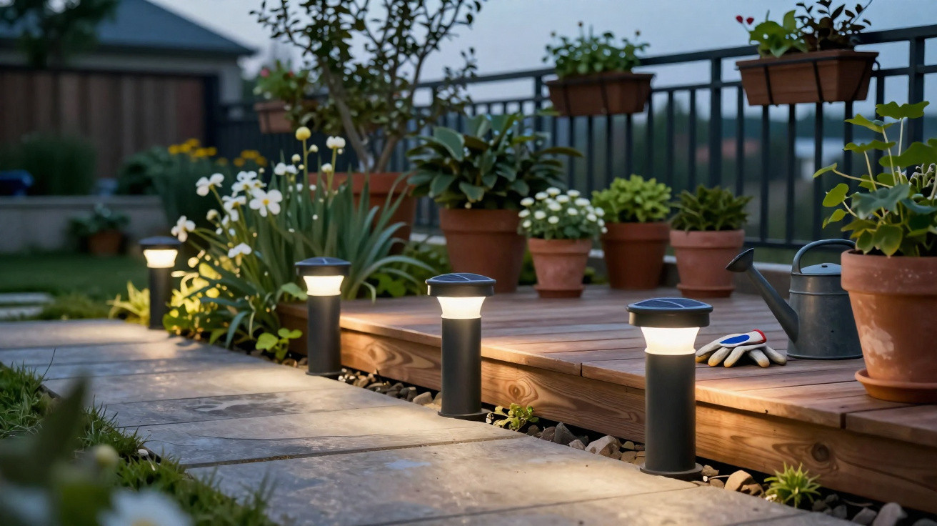 Luzes de jardim acesas ao longo de um caminho com vasos de plantas e flores num terraço de madeira.