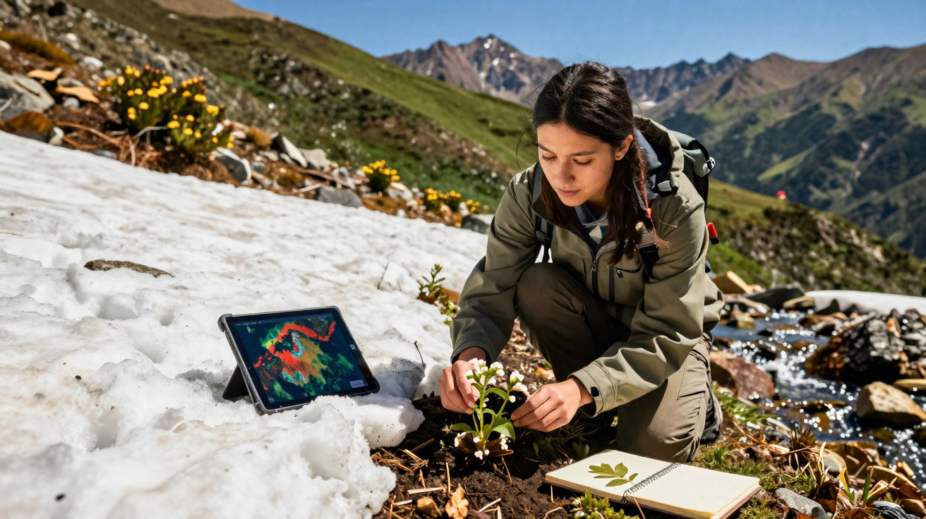 Jovem cientista analisa planta na montanha com neve, tablet e caderno ao lado, estudando a natureza.