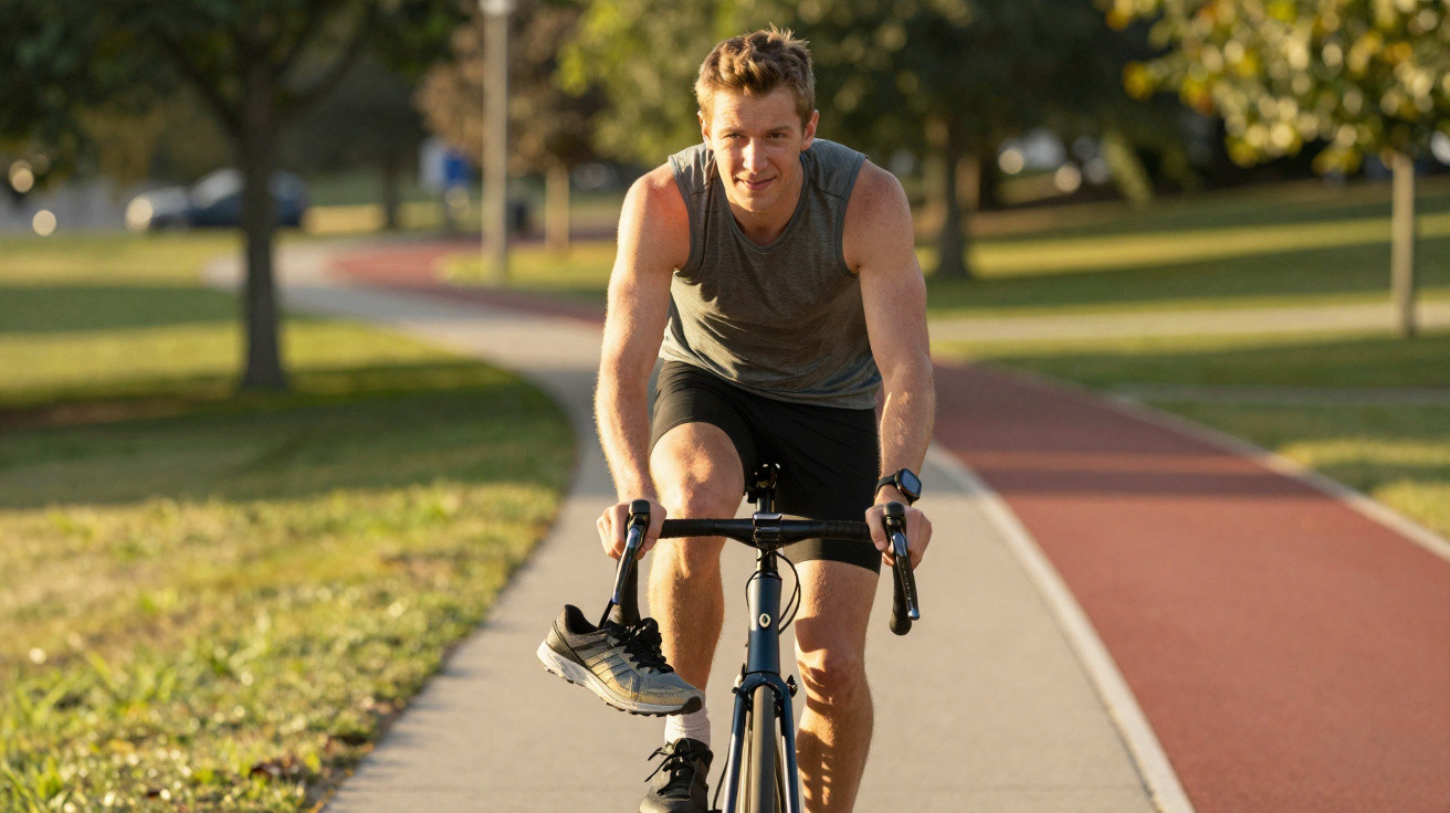 Homem a andar de bicicleta num parque com roupa desportiva e sorriso, ao final da tarde.