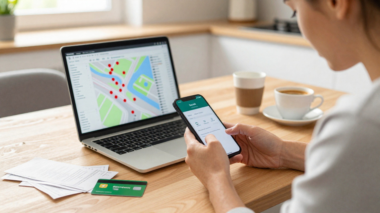 Pessoa a usar telemóvel e computador com mapa no ecrã, cartão bancário e documentos numa mesa de madeira.