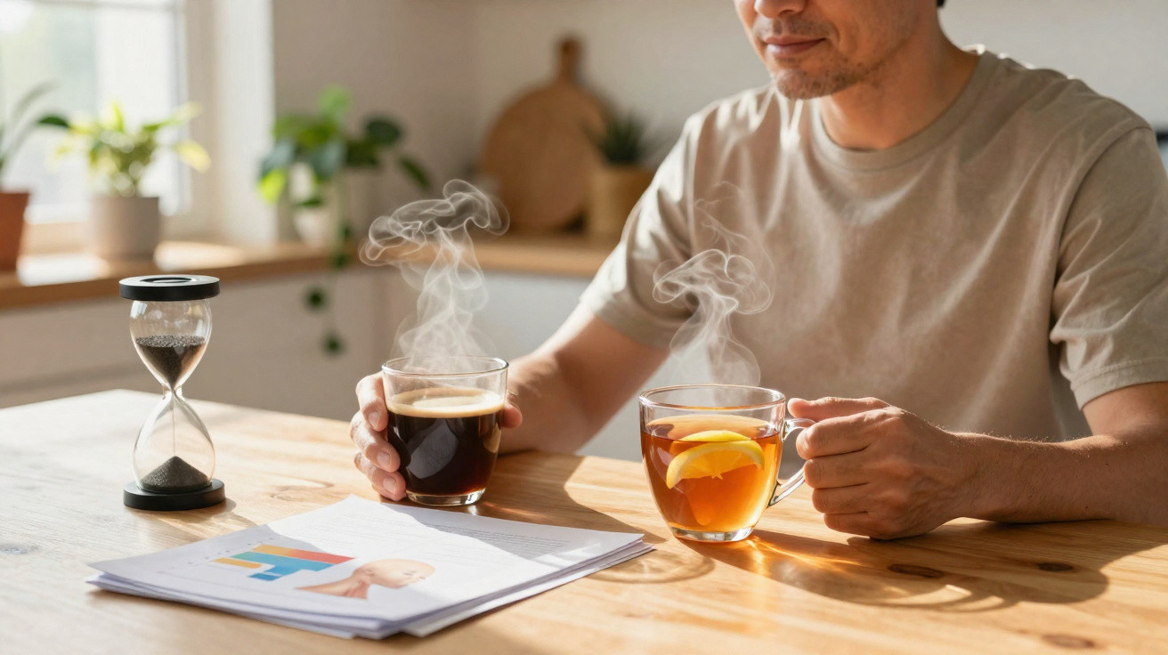 Homem segurando chá e café quentes junto a documentos e ampulheta numa mesa de madeira.