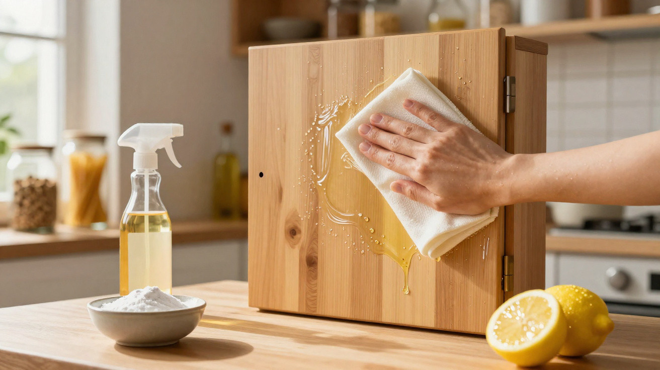 Mão a limpar armário de madeira com pano, próximo de limões cortados e spray de limpeza na cozinha.