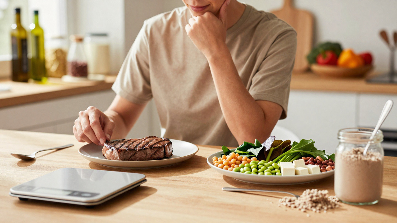 Pessoa sentada à mesa com prato de bife, prato de legumes e escala digital de cozinha numa cozinha moderna.