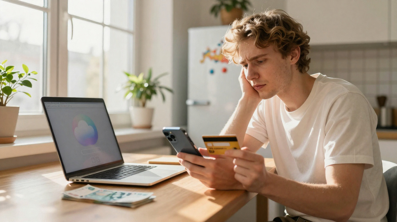 Homem preocupado a analisar um cartão de crédito e telemóvel enquanto está sentado à mesa com computador portátil.