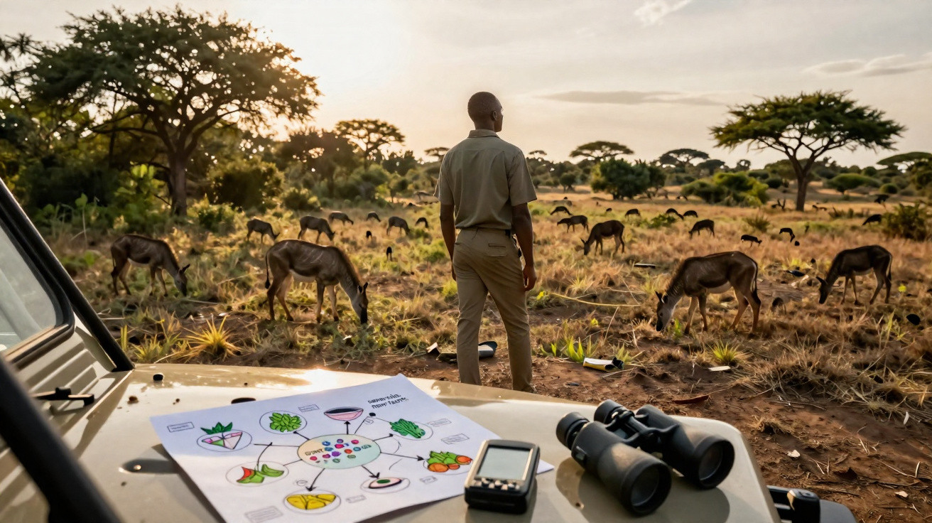 Homem observa zebra-pintada pastando ao pôr do sol num parque natural, com binóculos e mapas sobre capot de carro.