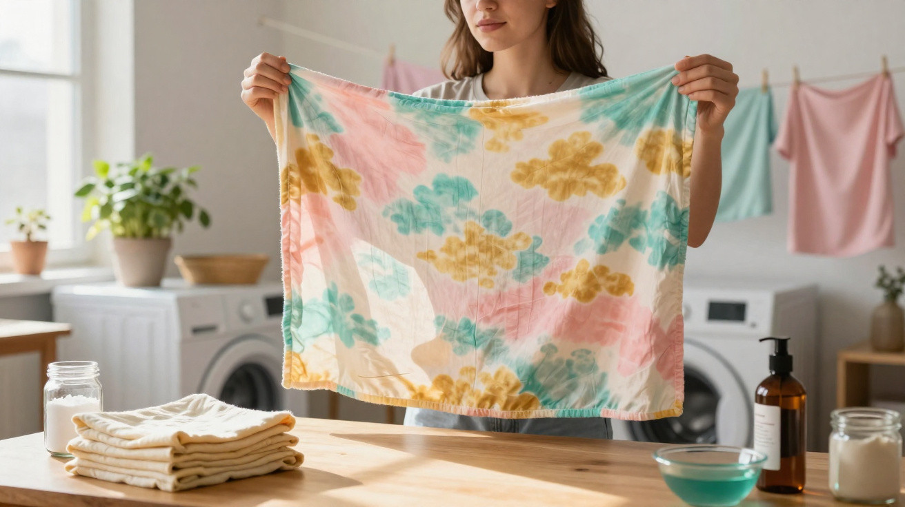 Mulher a segurar um pano colorido dobrado numa cozinha iluminada com roupas estendidas ao fundo.