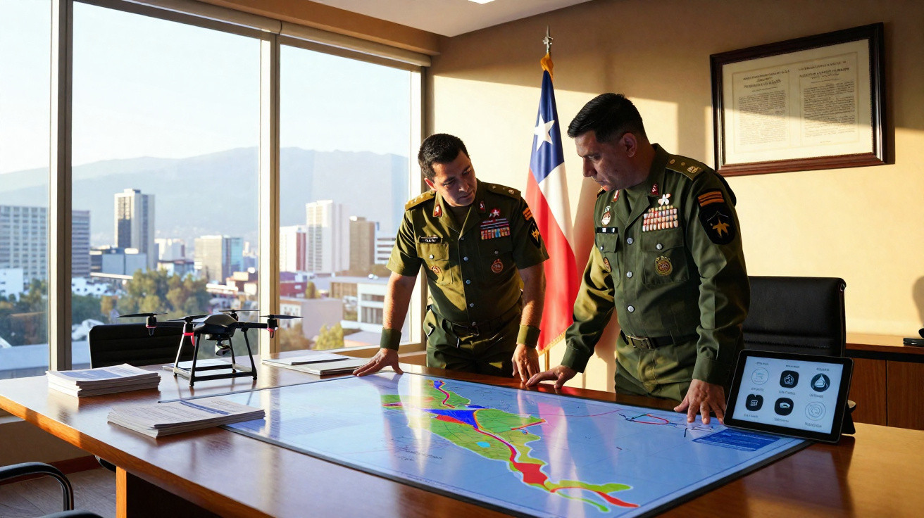 Dois militares em uniforme estudam um mapa colorido numa mesa com vista urbana ao fundo e bandeira do Chile.
