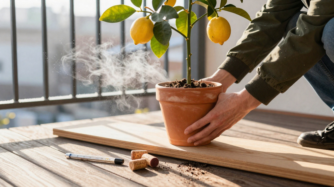 Pessoa a colocar vaso com limoeiro em madeira numa varanda, com vapor ou pólen a flutuar no ar.