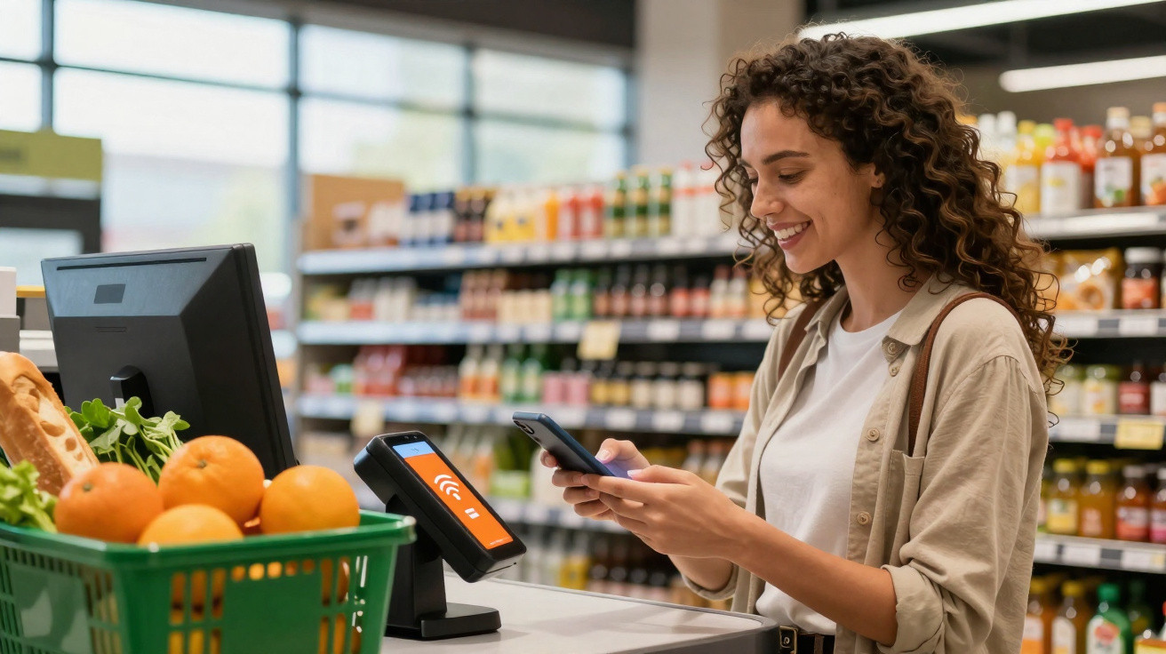 Mulher a fazer pagamento contactless com telemóvel num supermercado junto a uma caixa com frutas.
