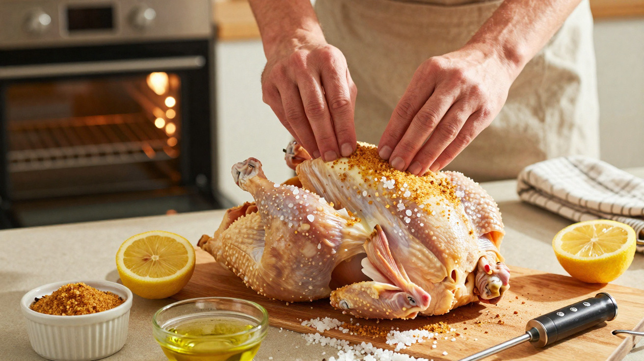 Pessoa tempera um frango cru com especiarias num tabuleiro de madeira numa cozinha.
