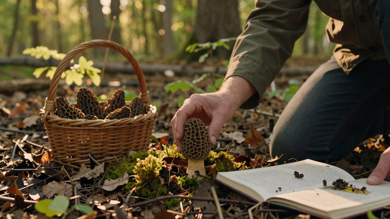 Pessoa a colher cogumelos em floresta com cesta cheia e livro aberto no chão.
