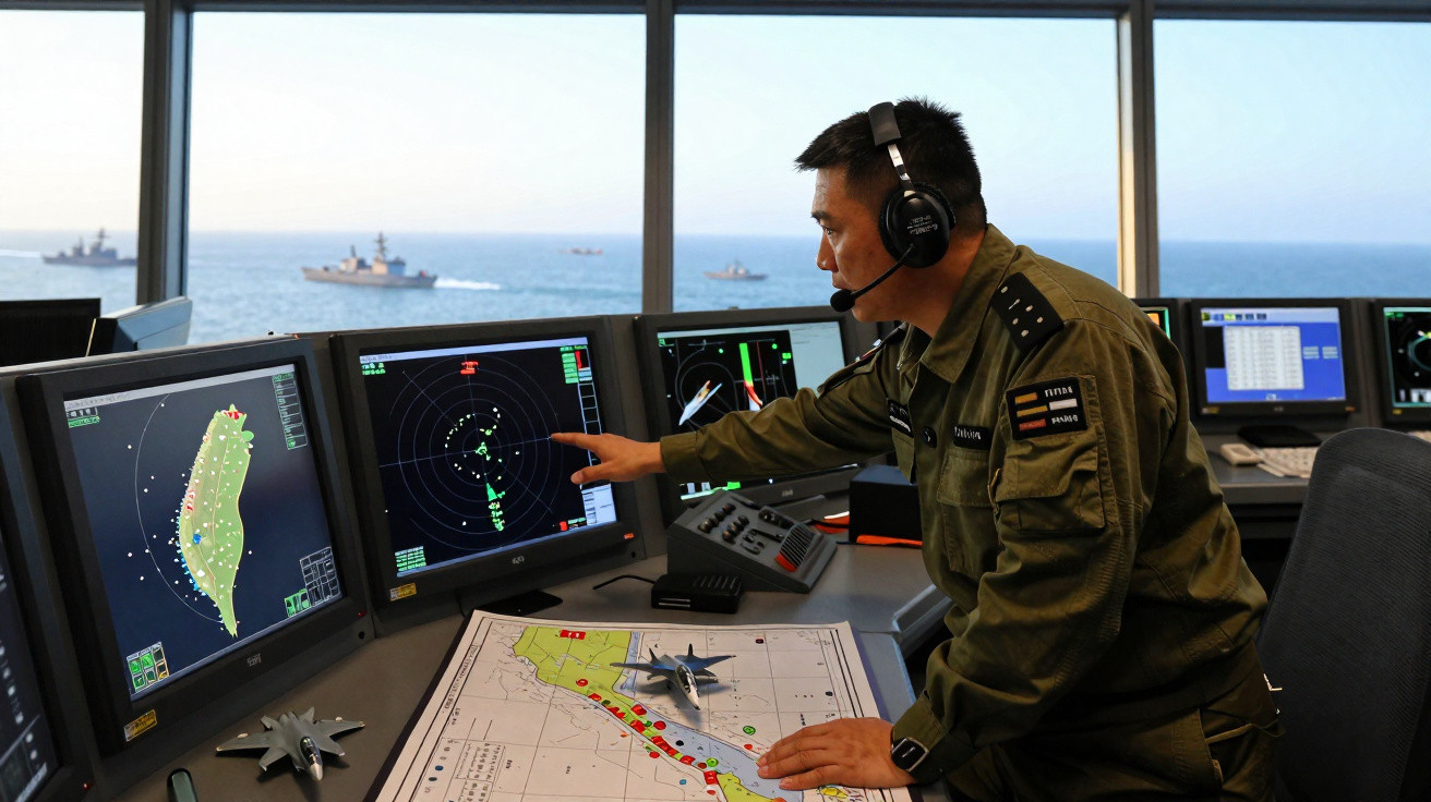 Militar em posto de controlo naval com vários ecrãs radar e mapa, aponta para um alvo, com vista para o mar.