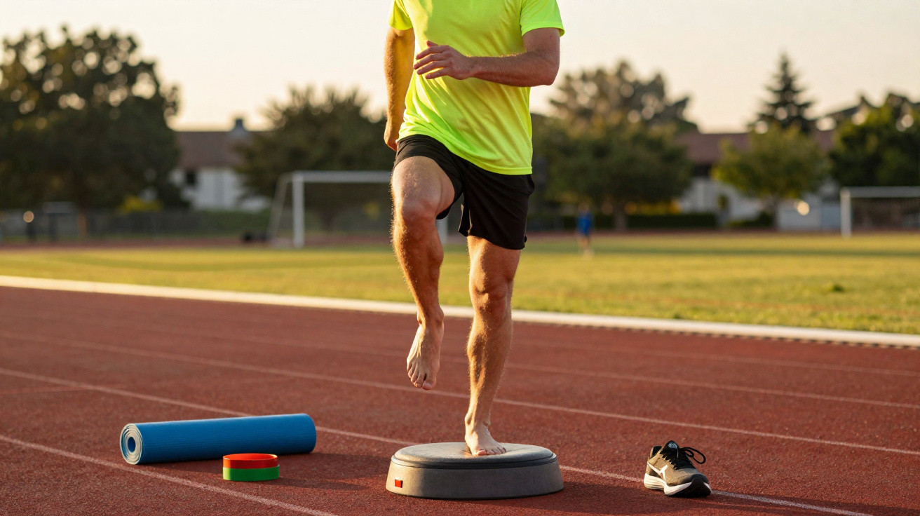 Pessoa descalça a fazer exercícios de equilíbrio num disco de treino ao ar livre num campo desportivo.
