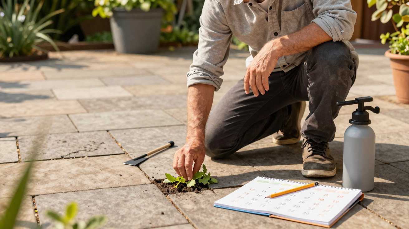 Pessoa a remover ervas daninhas em calçada com calendário e pulverizador ao lado.