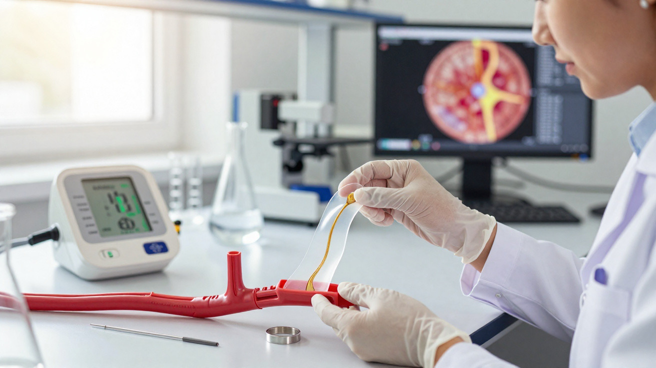 Cientista em laboratório a manipular modelo de artéria com cateter, com monitor e equipamento ao fundo.