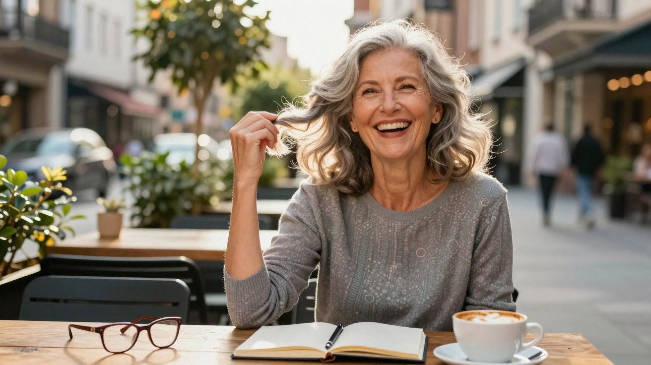 Mulher sénior sorridente com cabelo grisalho sentado numa esplanada com caderno, caneta e café.