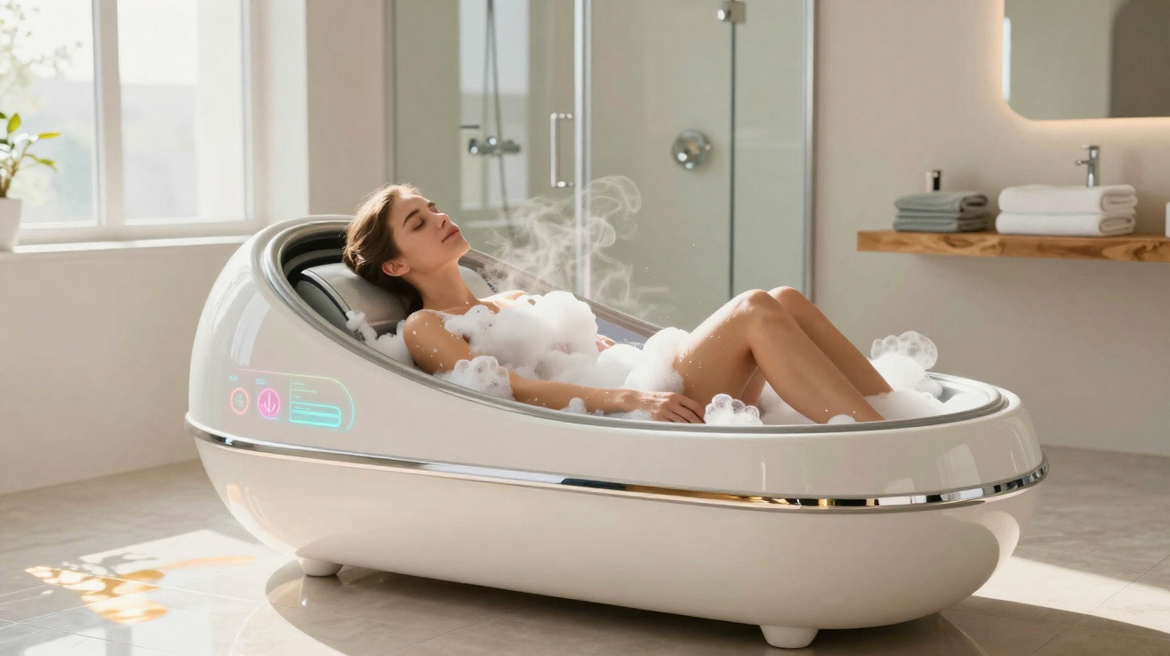 Mulher relaxa em cápsula de banho moderna com espuma e vapor, numa casa de banho luminosa e minimalista.