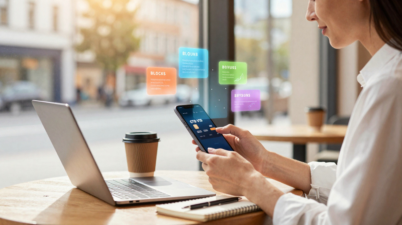 Pessoa a usar telemóvel com aplicações digitais a flutuar, junto a portátil, caderno e café numa mesa de café.