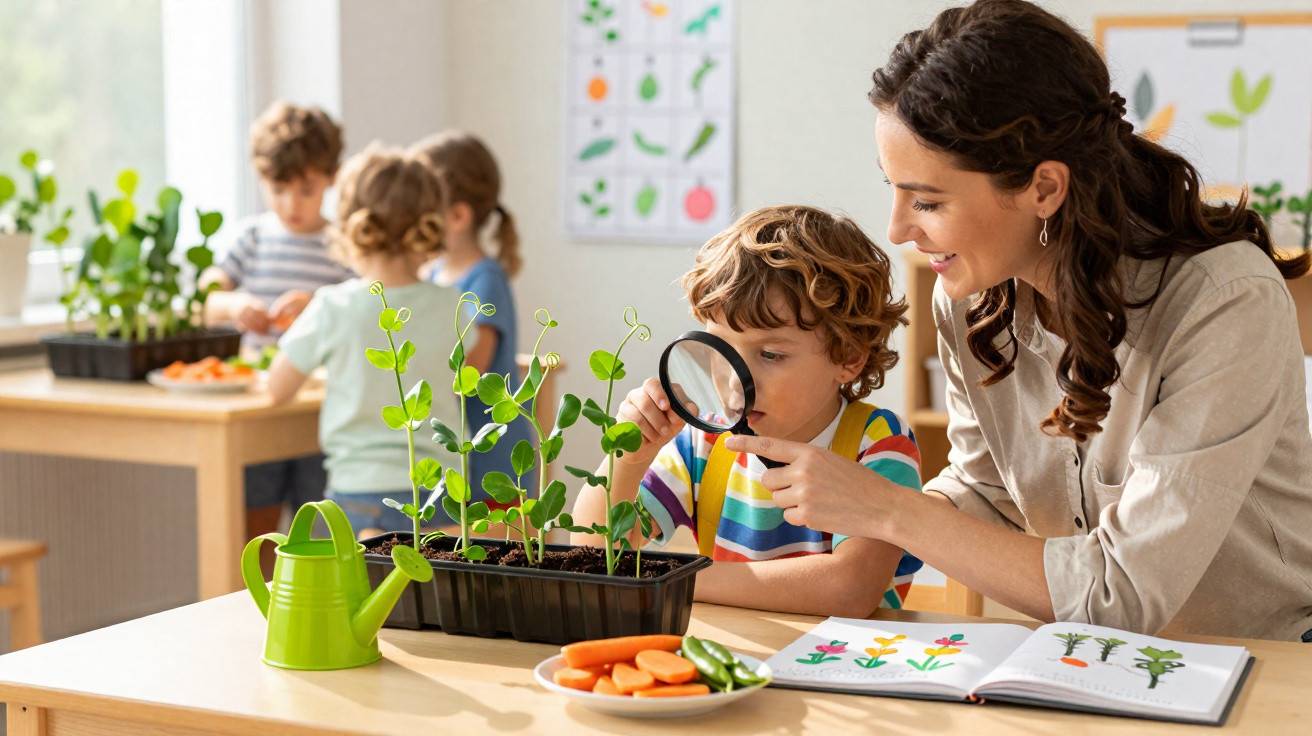 Criança observa plantas com lupa enquanto professora sorri em sala de aula com outras crianças ao fundo.
