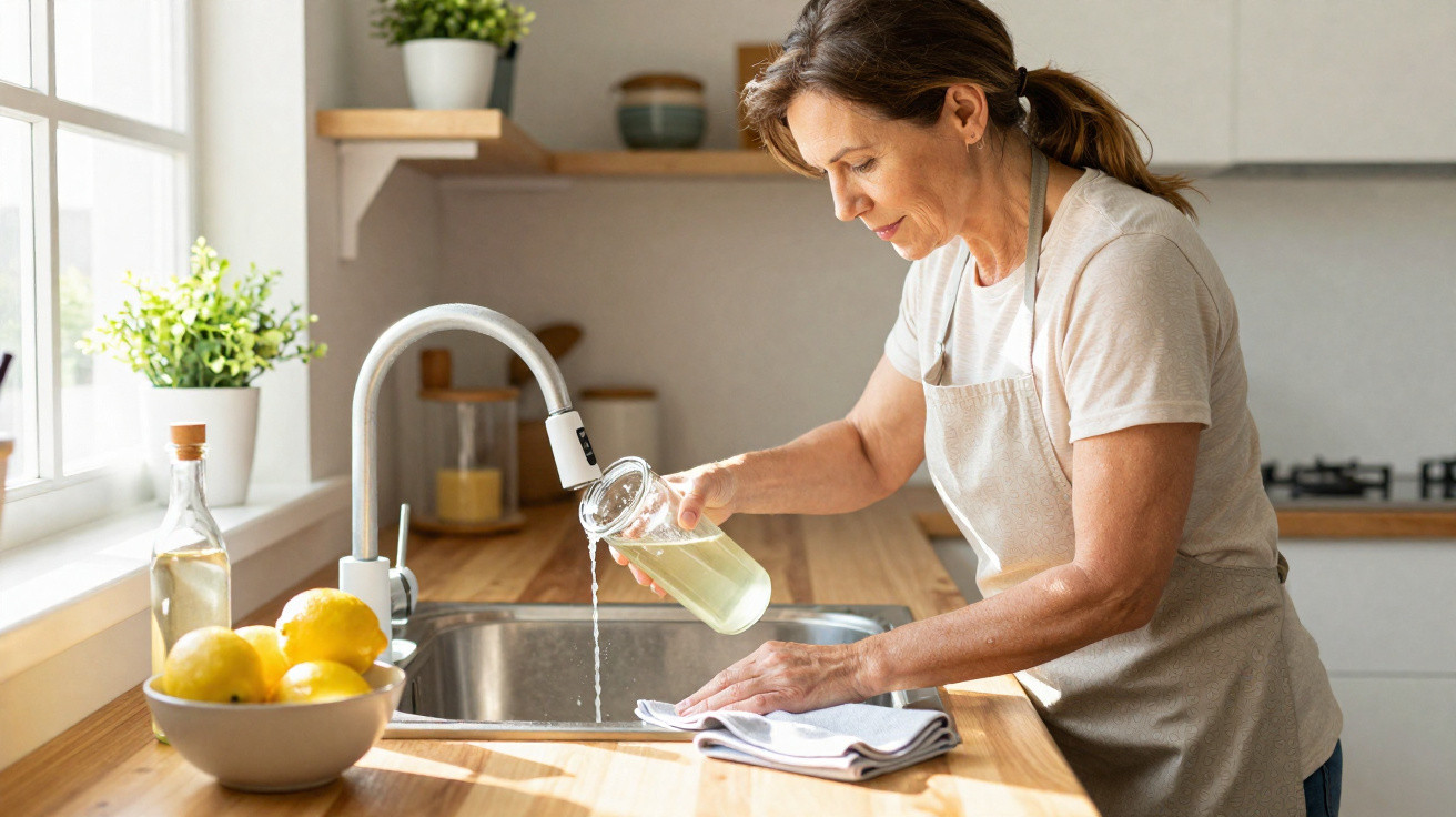 Mulher a limpar um frasco com água na pia de uma cozinha luminosa e arrumada.