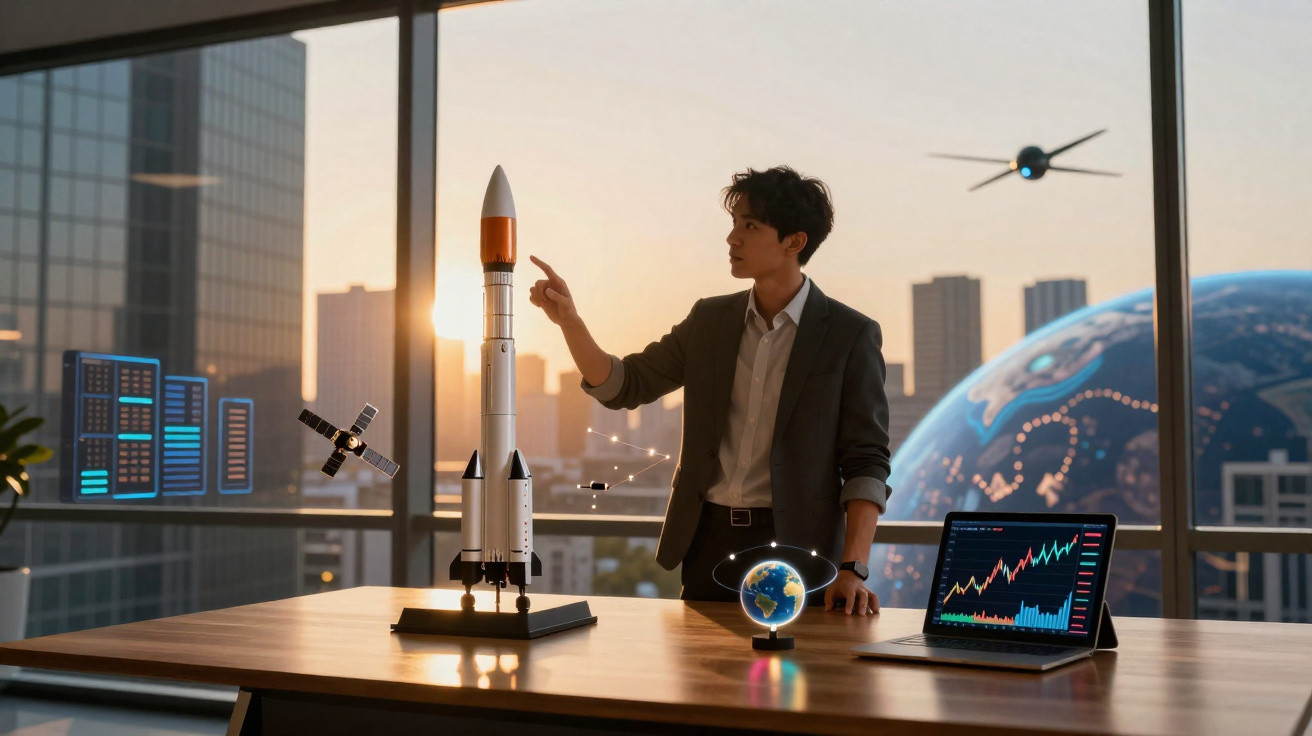 Homem a apontar para modelo de foguete numa mesa com gráficos e globo virtual numa sala moderna ao pôr do sol.