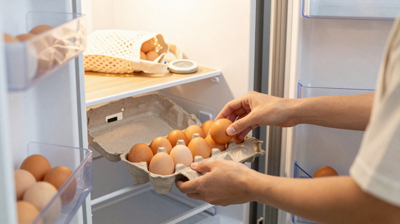 Mãos a colocar ovos numa embalagem dentro do frigorífico aberto com ovos na porta.