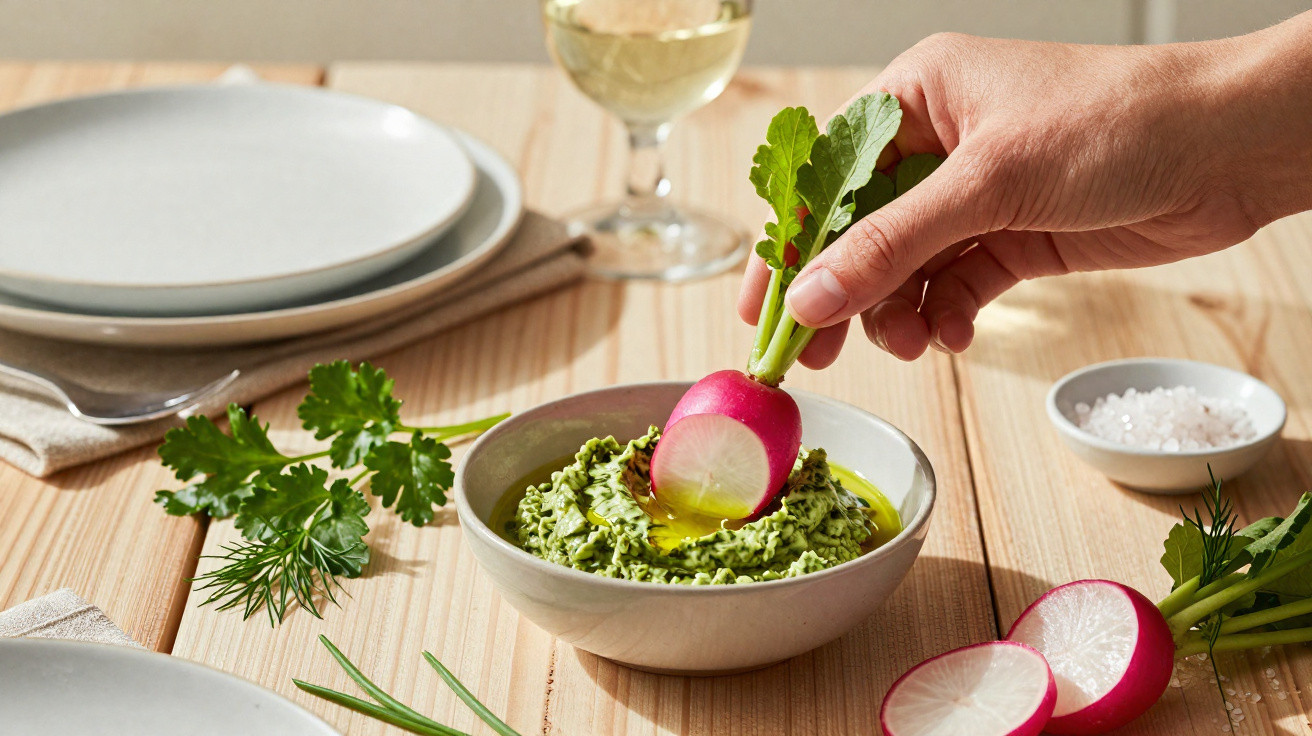 Mão a mergulhar rabanete fatiado em pasta verde numa tigela, com ervas e copo de vinho ao fundo.