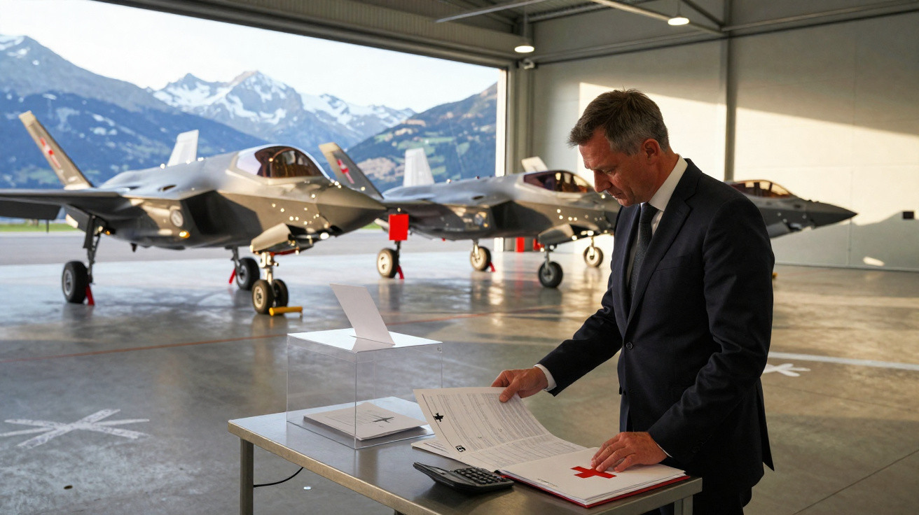 Homem de fato consulta documentos numa base aérea com três caças estacionados e montanhas ao fundo.