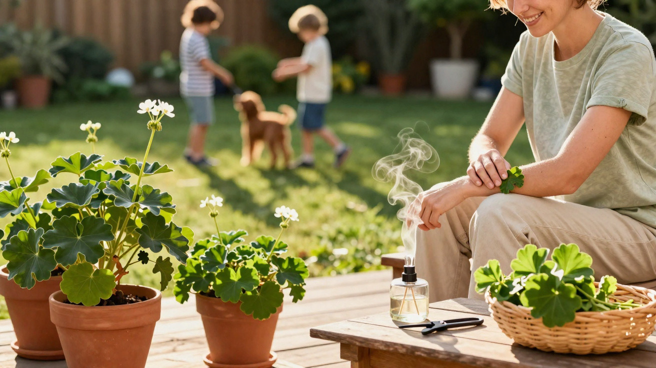 Mulher sentada num terraço com plantas, ao fundo duas crianças brincam com um cão num jardim ensolarado.