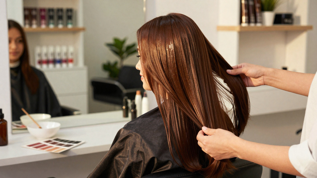 Mulher com cabelo liso e castanho sentada num cabeleireiro a ser examinada pelo profissional.