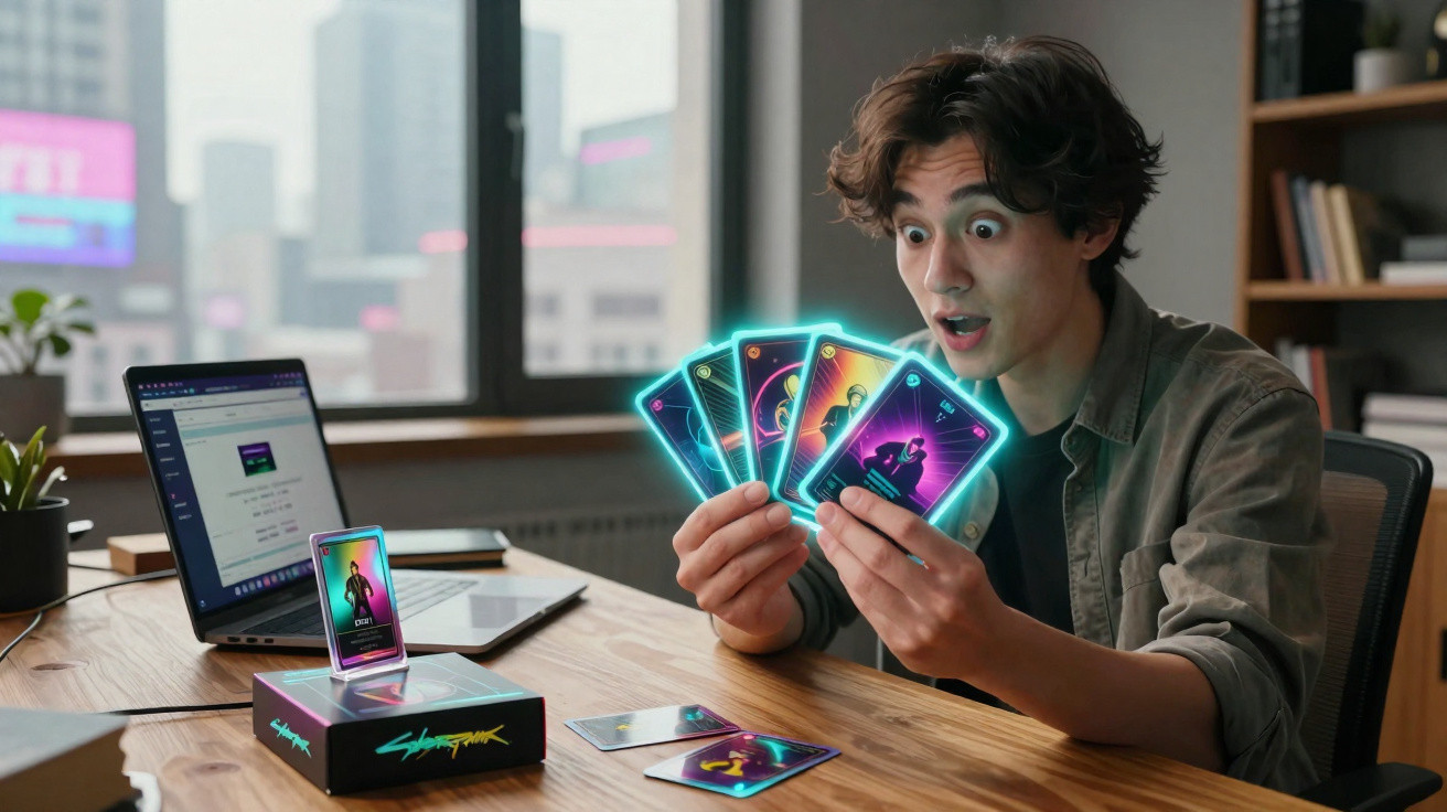 Jovem surpreendido a jogar cartas com tema futurista numa mesa de escritório moderna.