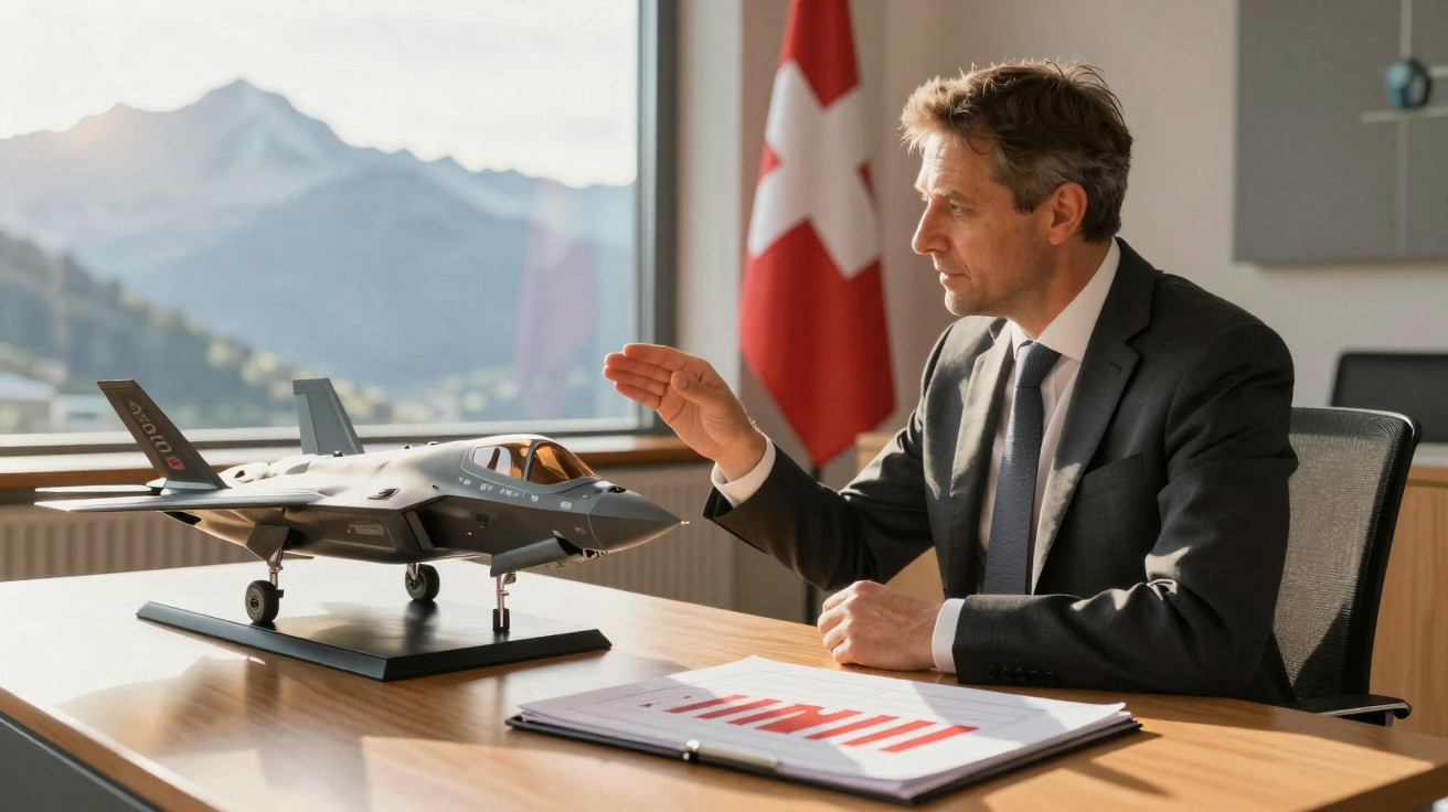 Homem de fato sentado à mesa com modelo de avião militar e gráficos, bandeira da Suíça ao fundo.