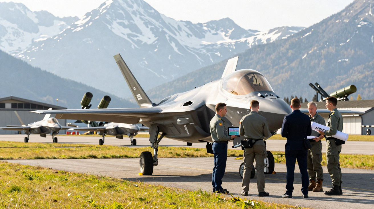 Quatro militares junto a um caça F-35 estacionado numa pista, com montanhas nevadas ao fundo.