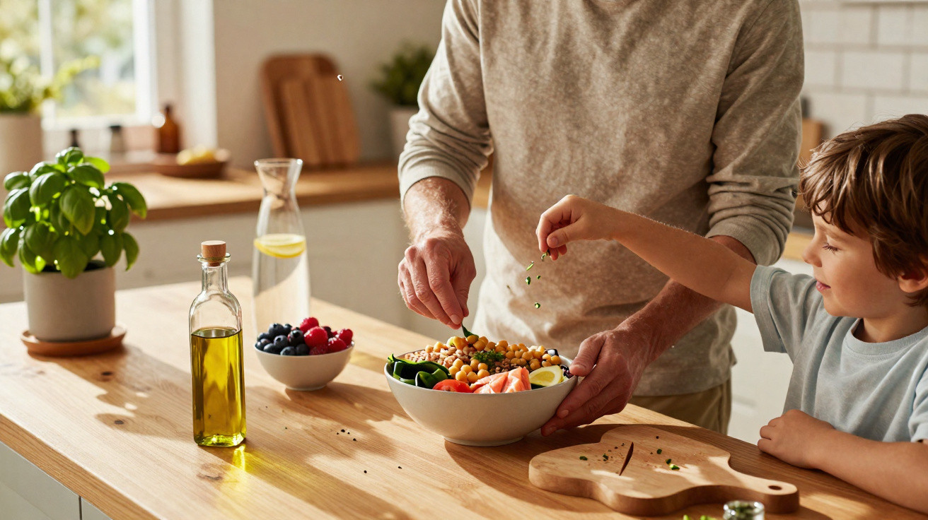 Adulto e criança a temperar salada numa cozinha luminosa com manjericão, azeite e taça de frutos vermelhos na bancada.