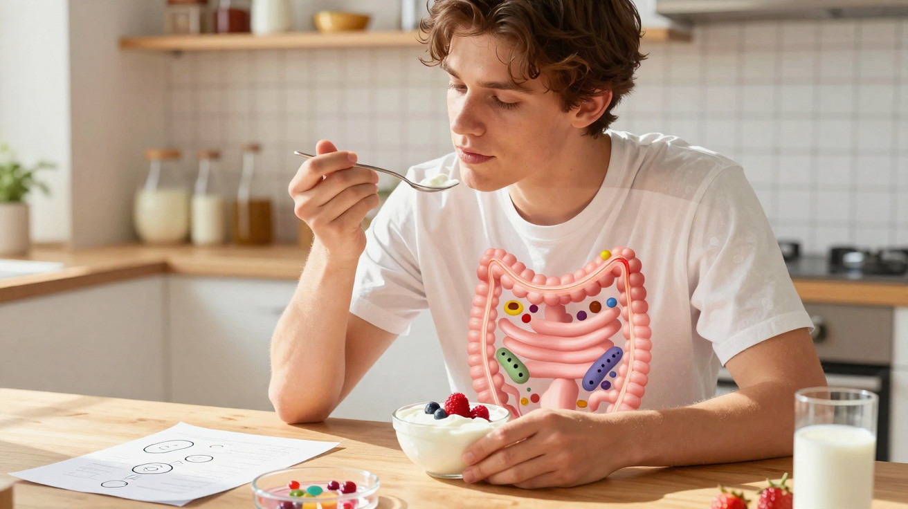 Jovem a comer iogurte com frutas, com ilustração do sistema digestivo sobreposta na sua barriga.