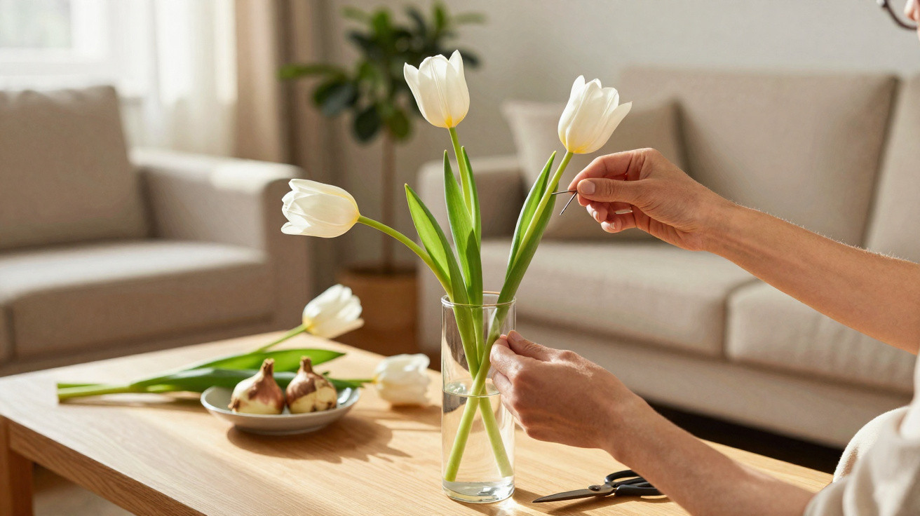 Mãos a arranjar tulipas brancas num vaso de vidro numa sala com sofá e mesa de madeira.