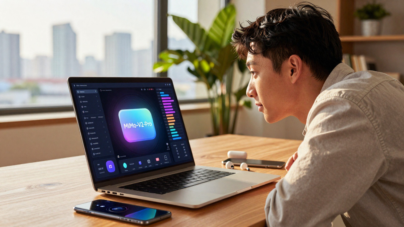 Homem a olhar para ecrã de portátil com interface colorida numa sala iluminada com planta e janela grande.