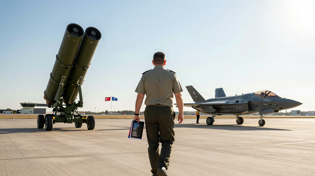 Militar a caminhar em pista de aeroporto militar com avião de caça e equipamento de lançamento de mísseis ao fundo.