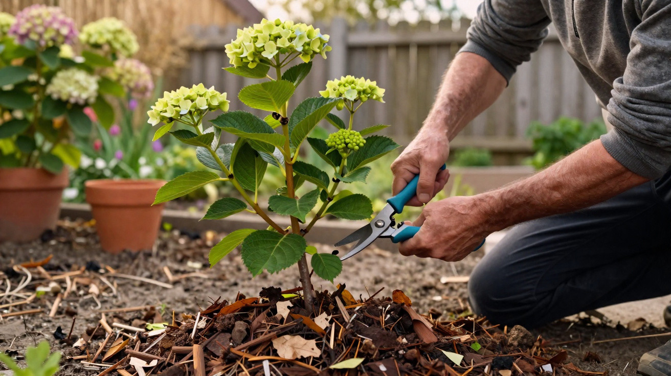 Pessoa a podar uma planta de hortênsia jovem num jardim com tesoura de poda azul.