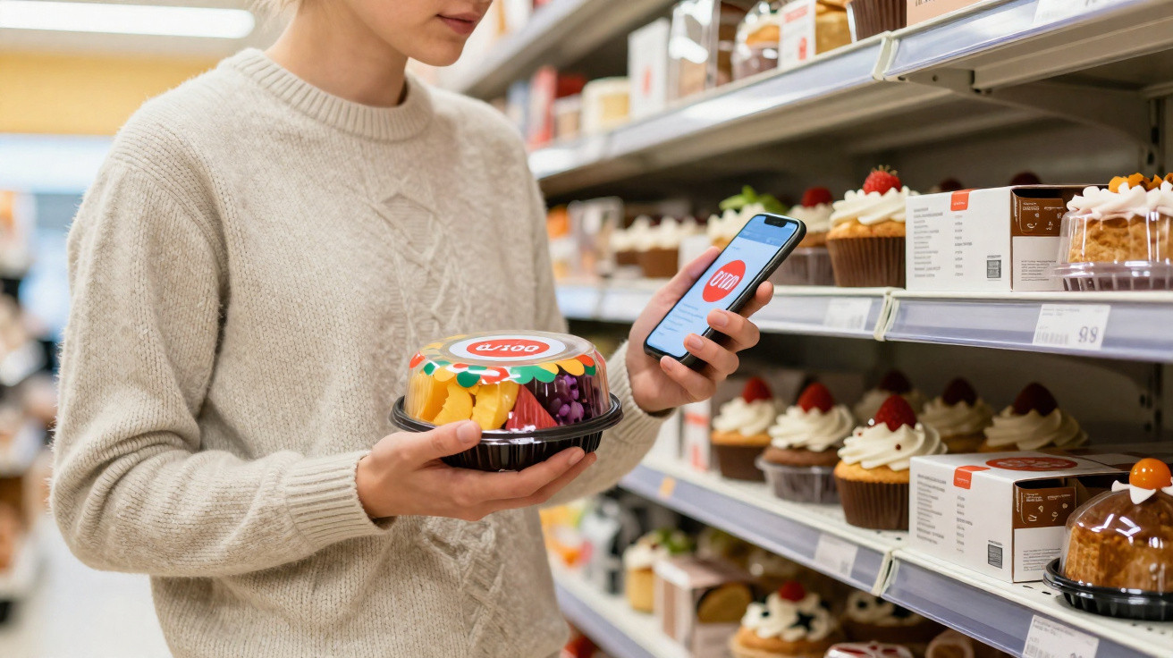 Pessoa a segurar uma salada de frutas e a usar um smartphone em frente a uma prateleira de sobremesas num supermercado.